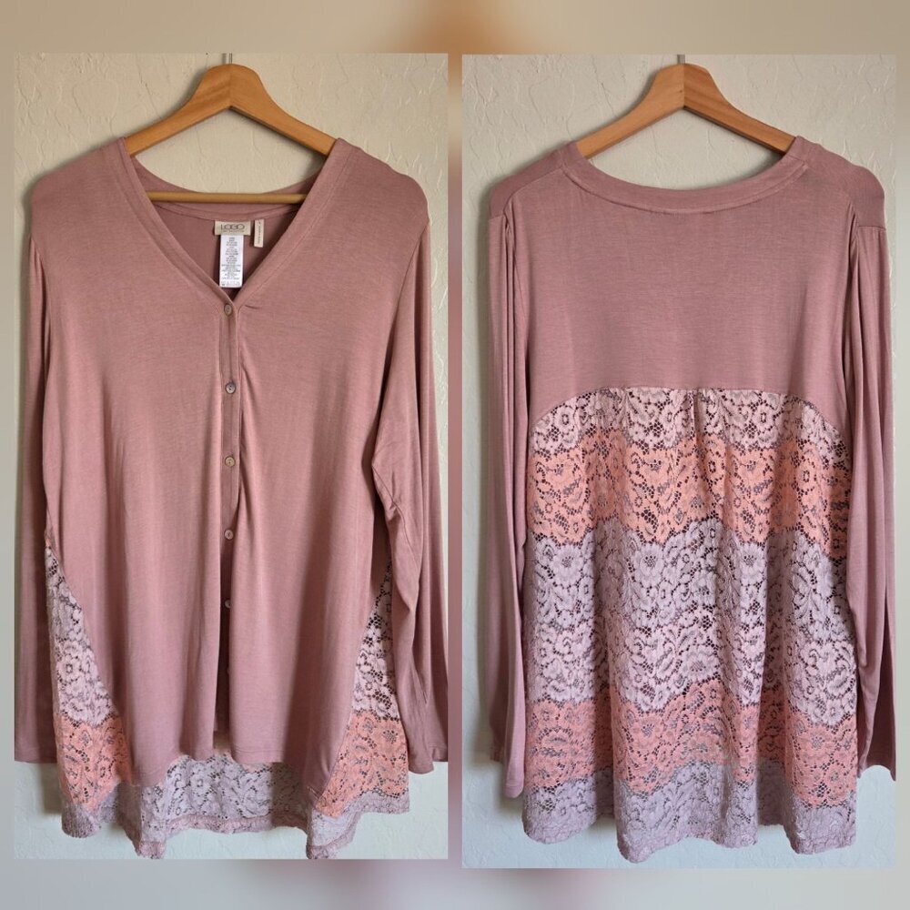 LOGO Lori Goldstein Crochet Lace Button Up Cardigan Mauve Pink Size Womens Large
